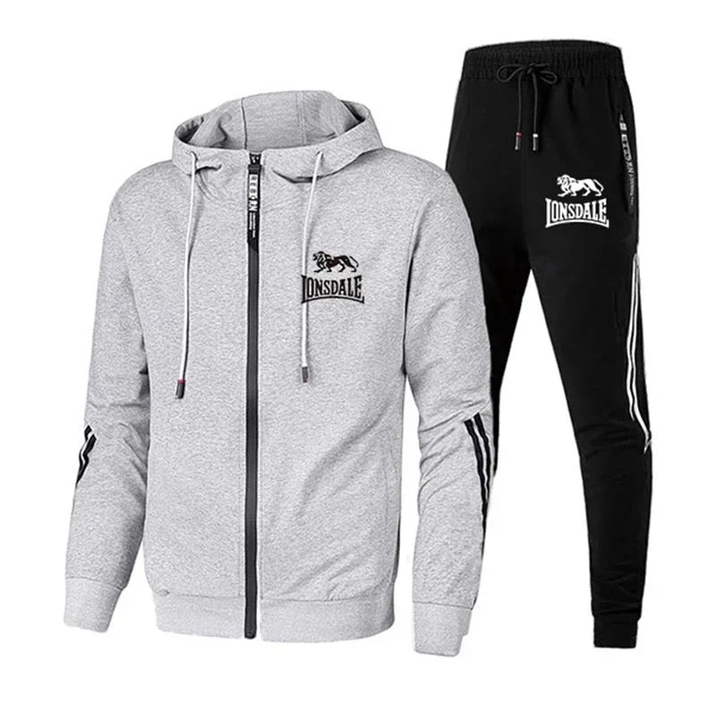 Gray hoodie and black tracksuit with Lonsdale logo on a white background