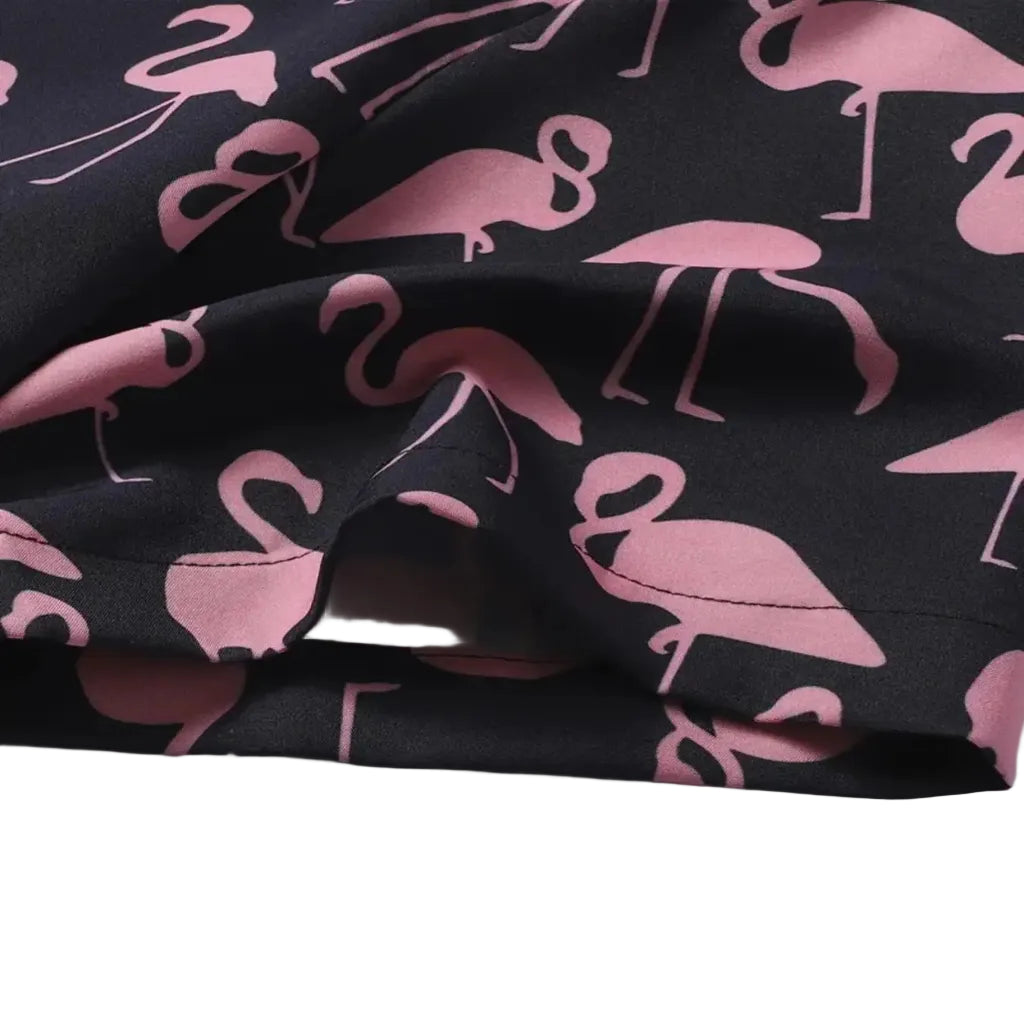 Men’s flamingo print short sleeve button-up shirt, lightweight casual summer shirt