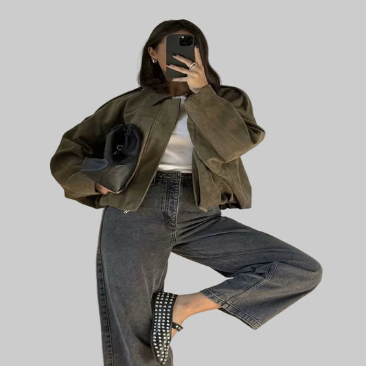 Women’s Oversized Suede Bomber – Trendy Green Jacket for Autumn & Winter - CasualFlowshop