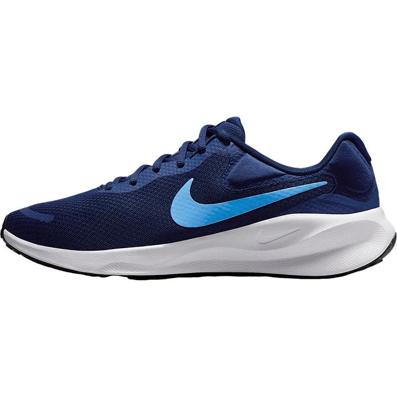 Men's navy blue Nike low-top sneakers with turquoise Swoosh and white midsoles, style FB2207-406.