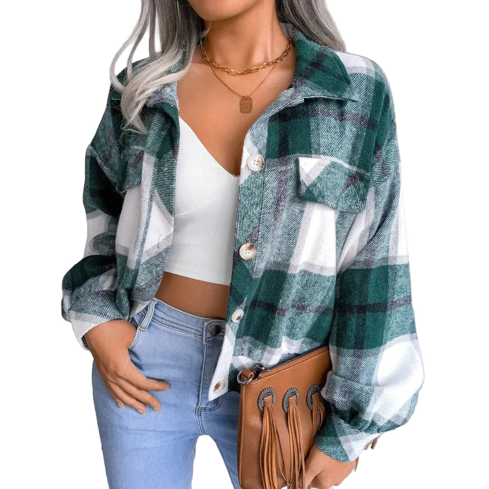 Women's Slim Wool Plaid Coat white top and blue jeans, holding a brown handbag.