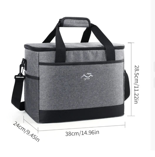 Grey large-capacity insulated crossbody lunch bag with adjustable shoulder strap and side mesh pocket – 38x24x28.5cm