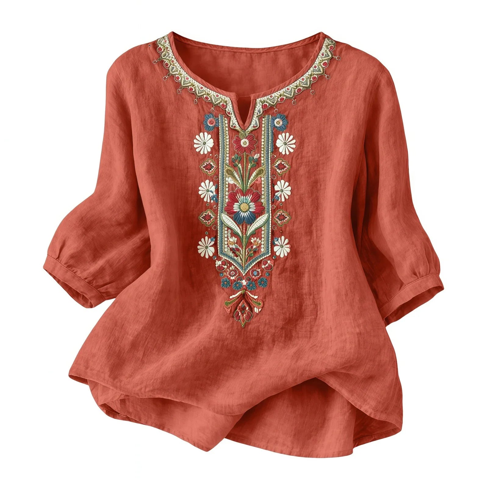 Coral-colored Ukrainian Folk Print Blouse