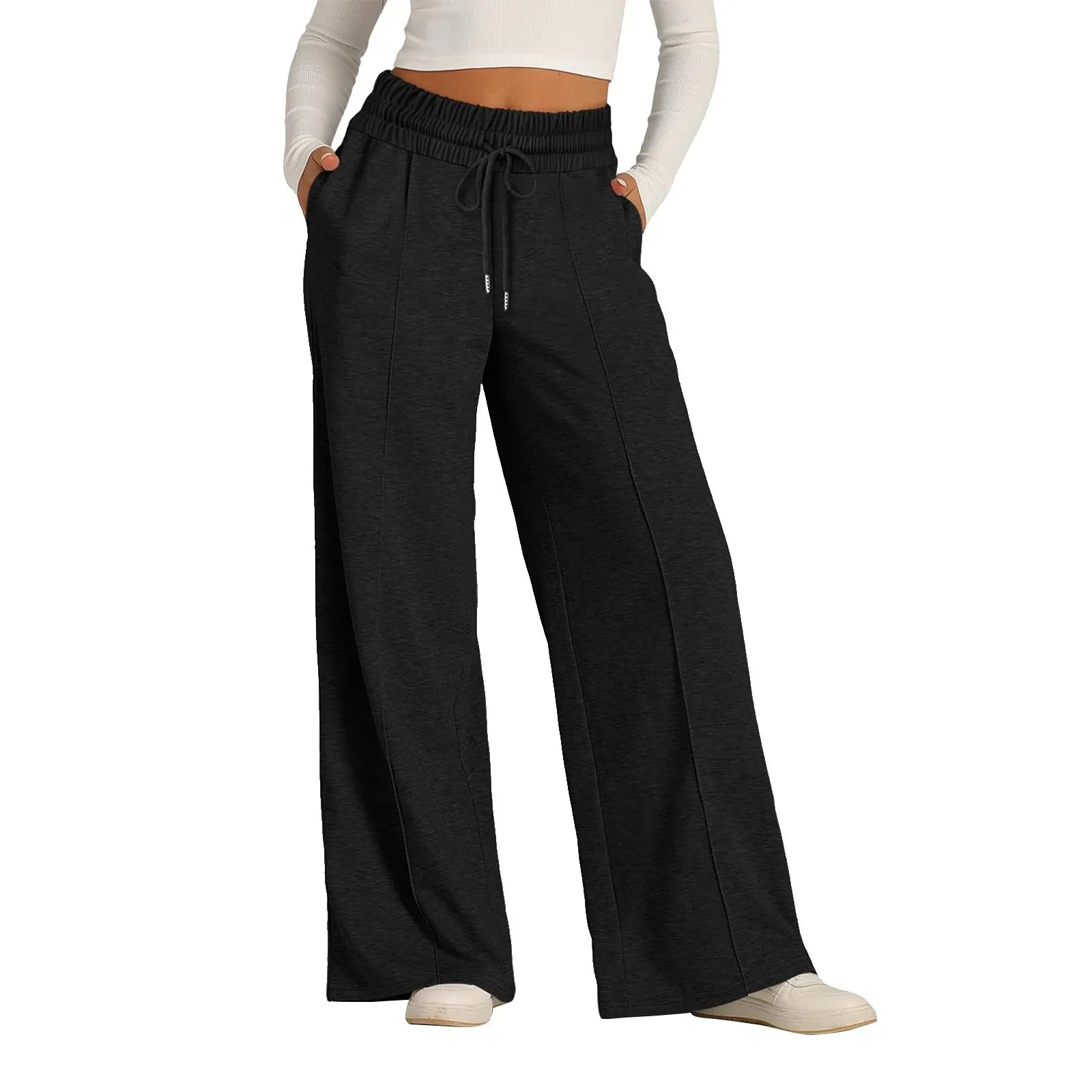 Casual Flow Wide Leg Pants in Dark Black – Women's High Waist Lounge Pants