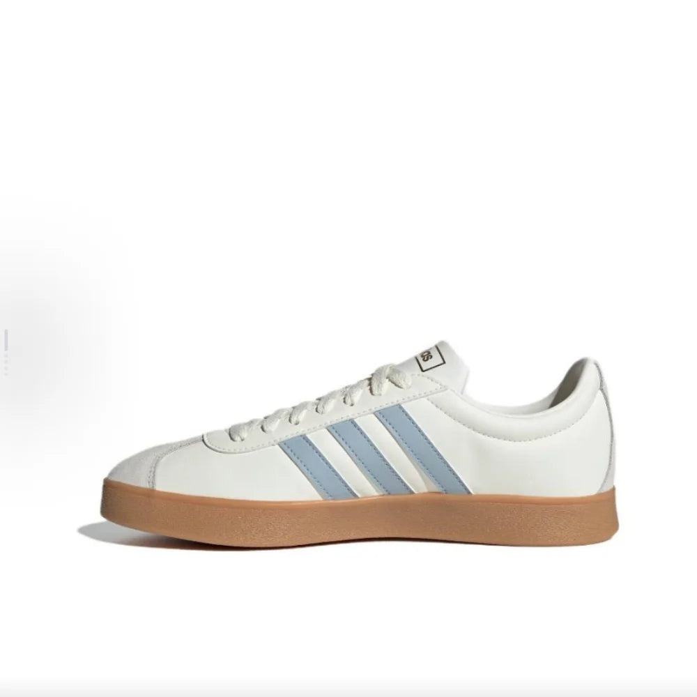White Retro Low Top Sneakers with blue stripes on a white background