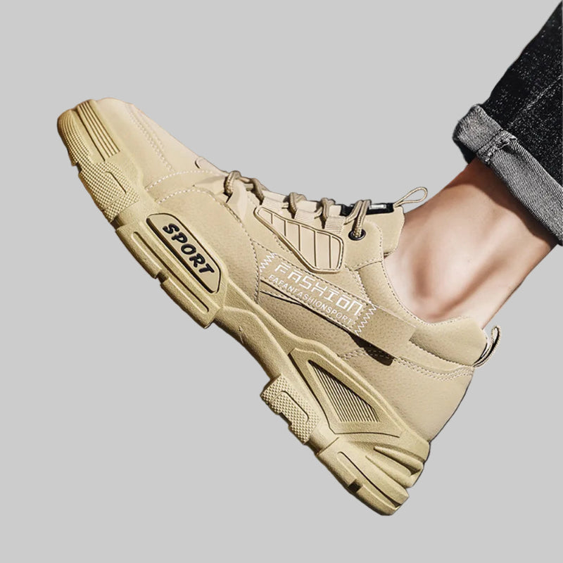 Beige sneaker with 'Sport Fashion' text on a blurred background