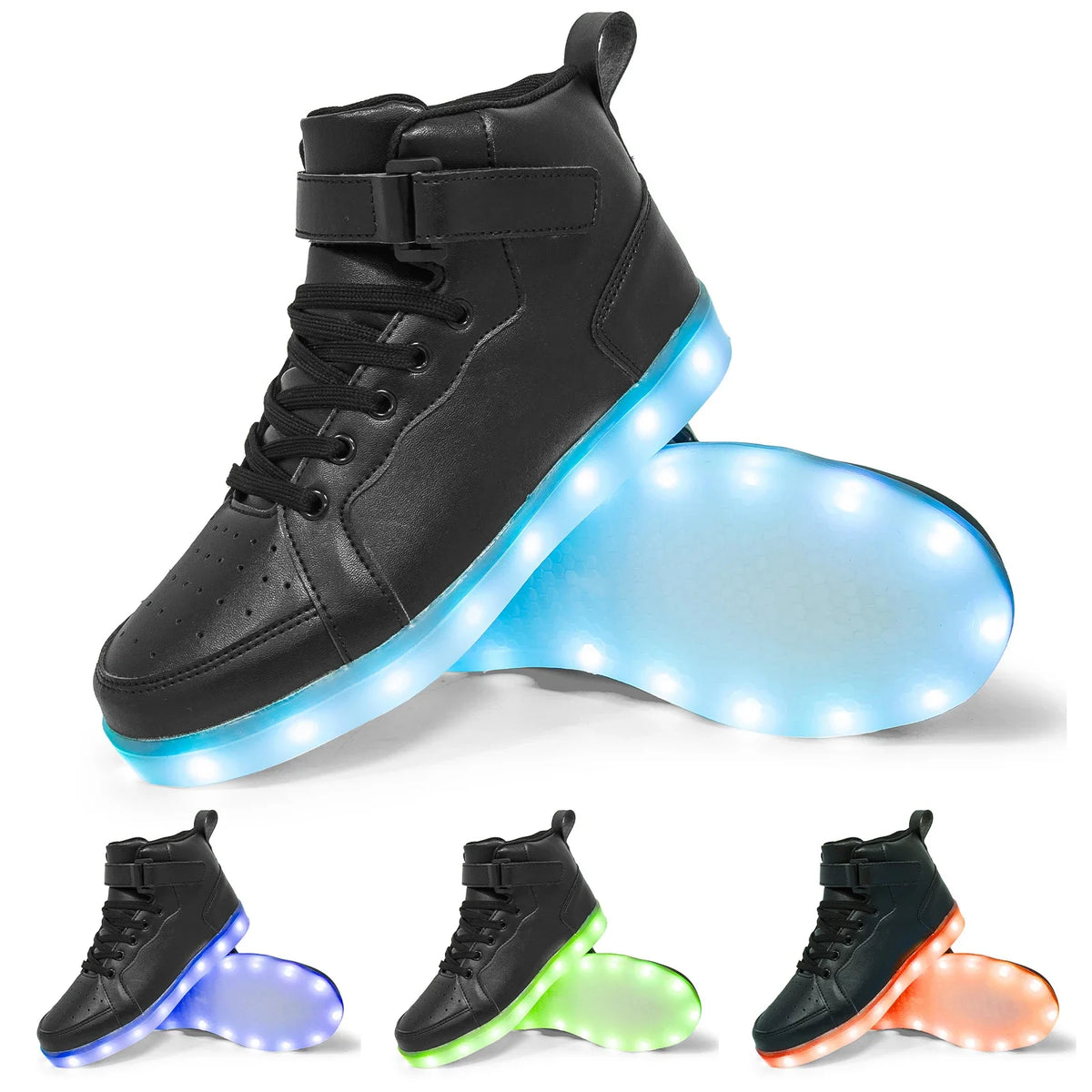 Kids’ LED high-top sneakers with light-up soles, laces, and an adjustable ankle strap.