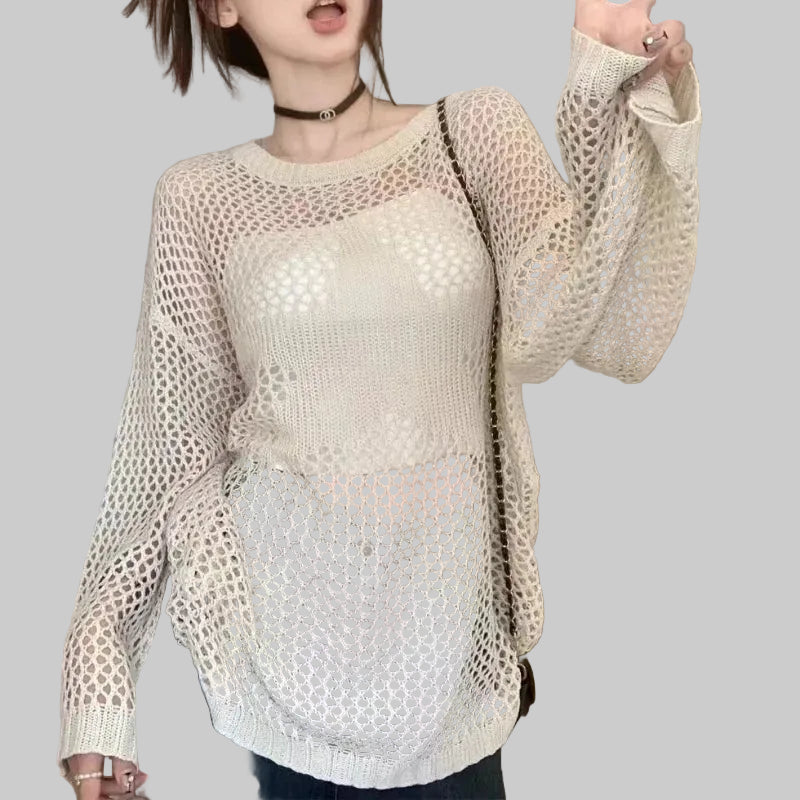 Long sleeve t-shirt with hollow mesh Knit-Along Sweater Guide - CasualFlowshop