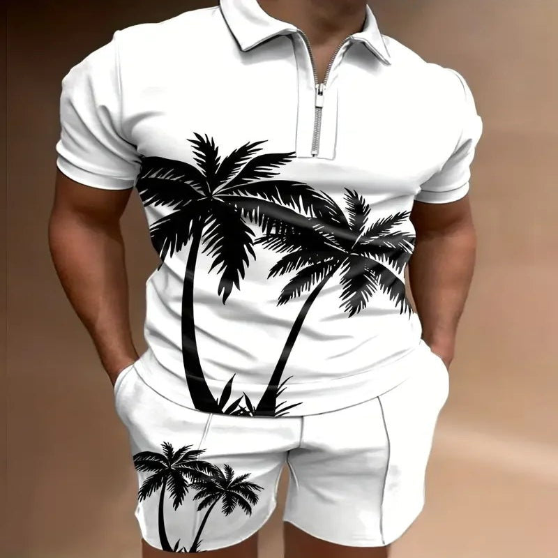 A man wearing a geometric patterned casual beach shorts set with a polo shirt and short-sleeves, standing near a pool.