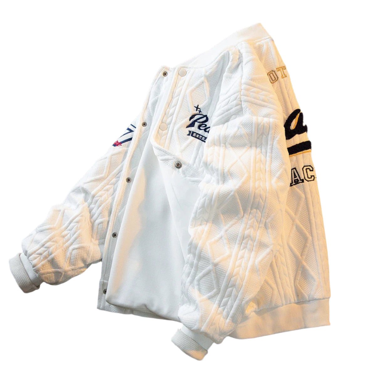White cable-knit varsity jacket for kids – soft, warm, and stylish outerwear with ribbed cuffs and embroidered patches