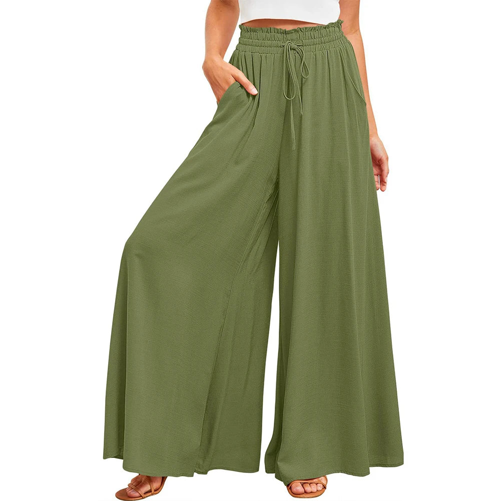 Lace-Up High Waist Wide Leg Pants in Army Green – Korean Style