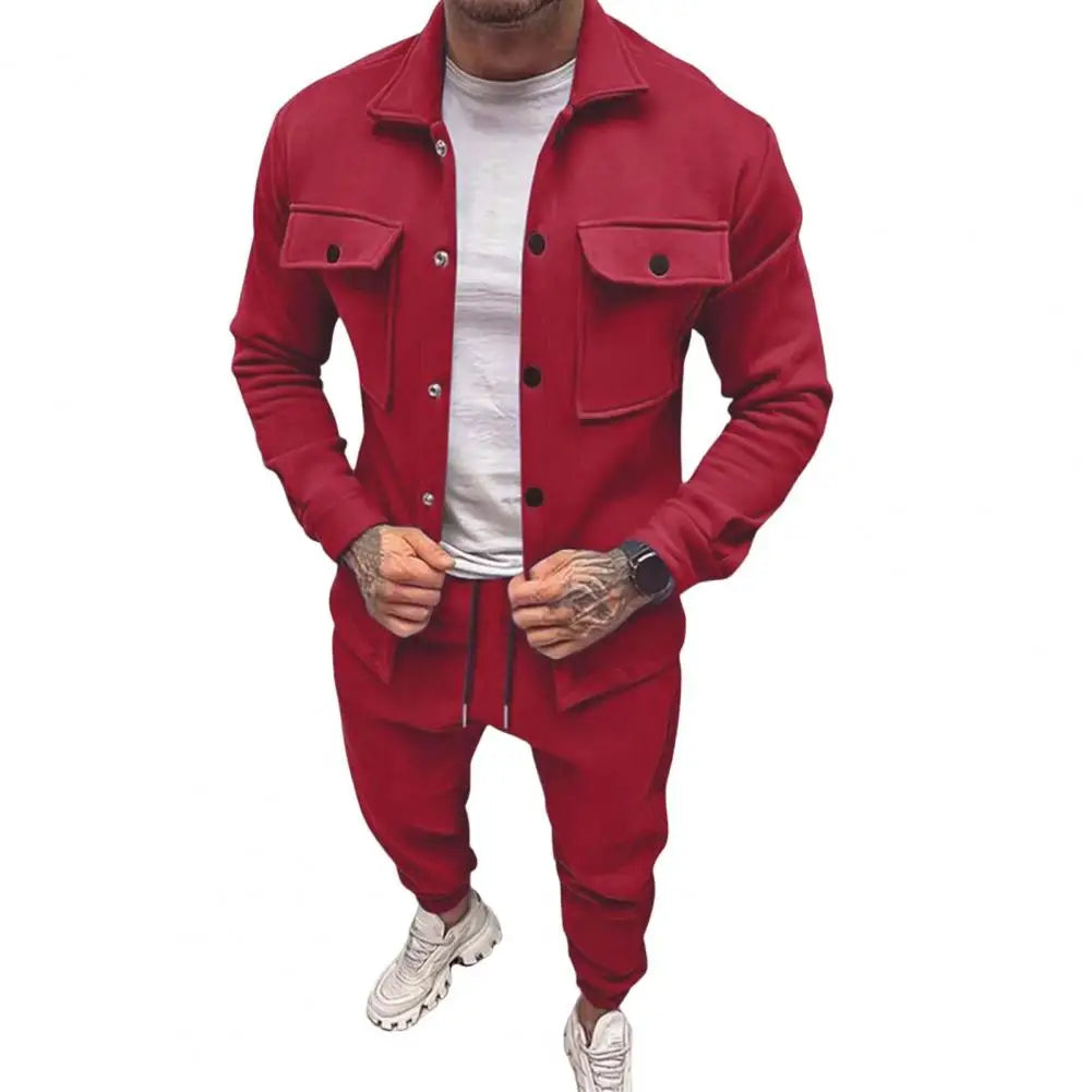 Men's 2-Piece Casual Sports Suit – Wine Red Lapel Jacket & Drawstring Pants Set"