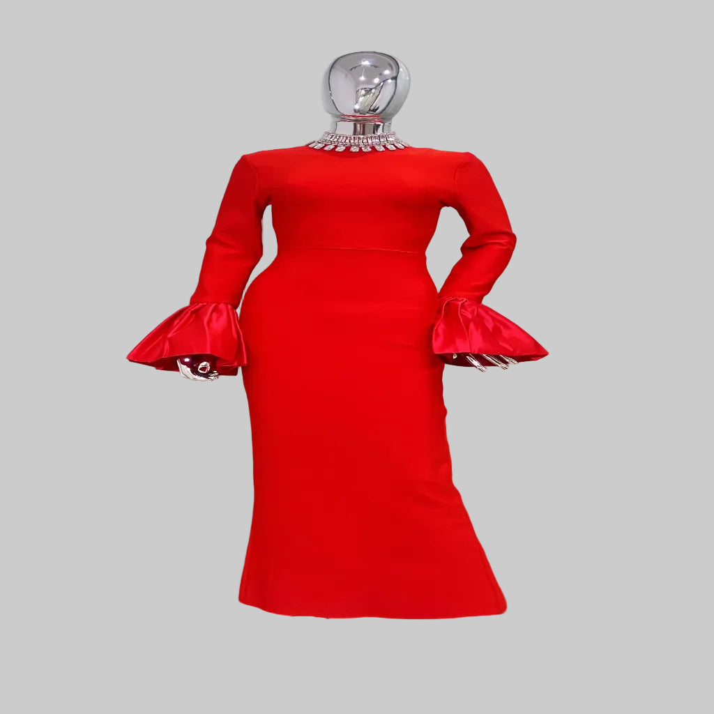 Model wearing elegant red long evening party dress formal style