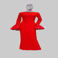Model wearing elegant red long evening party dress formal style