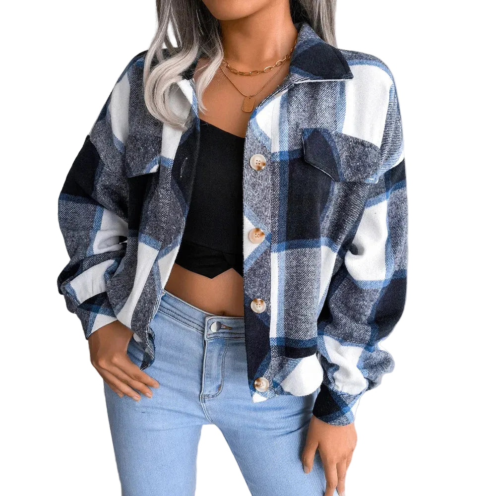 Women's slim wool plaid coat in navy blue tones, stylish winter jacket for casual and everyday wear