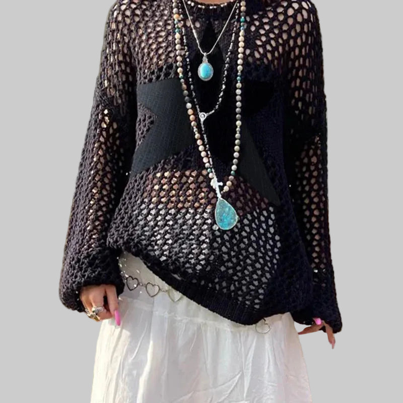 Long sleeve t-shirt with hollow mesh Knit-Along Sweater Guide - CasualFlowshop