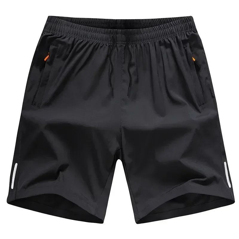 Two pairs of men’s lightweight quick dry shorts in black and grey with zipper pockets and elastic waistband