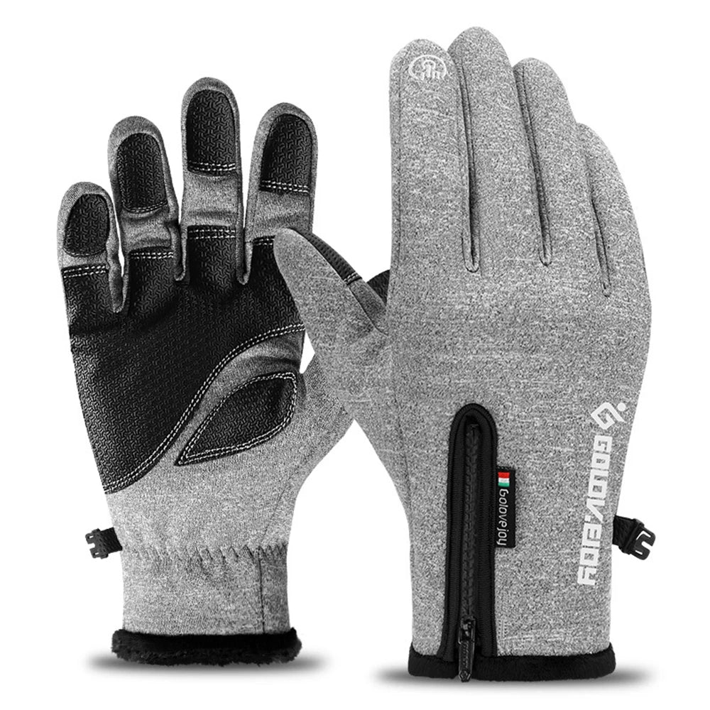 Winter motorcycle gloves with thermal fleece lining and waterproof material for cold-weather riding.