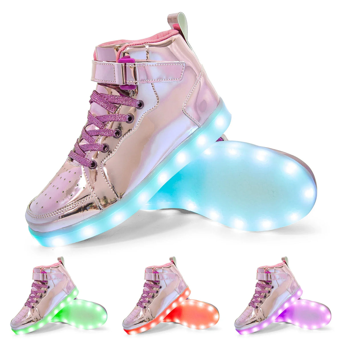 Kids’ LED high-top sneakers with light-up soles, laces, and an adjustable ankle strap.