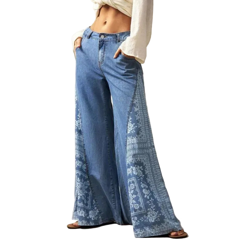 Women's floral print wide leg flare jeans in plus sizes – loose fit vintage denim with pockets – Casual Flow Shop
