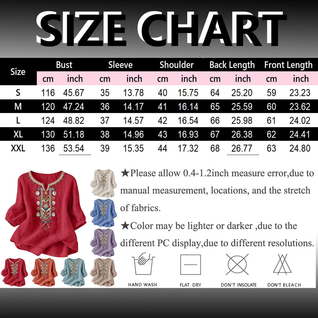 Size chart for a garment with measurements in centimeters and inches, along with color swatches and care instructions.
