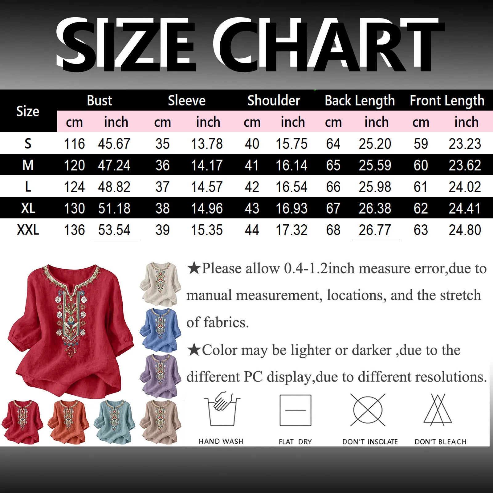 Size chart for a garment with measurements in centimeters and inches, along with color swatches and care instructions.