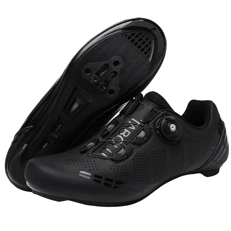 Black cycling shoes with a visible brand logo on a white background