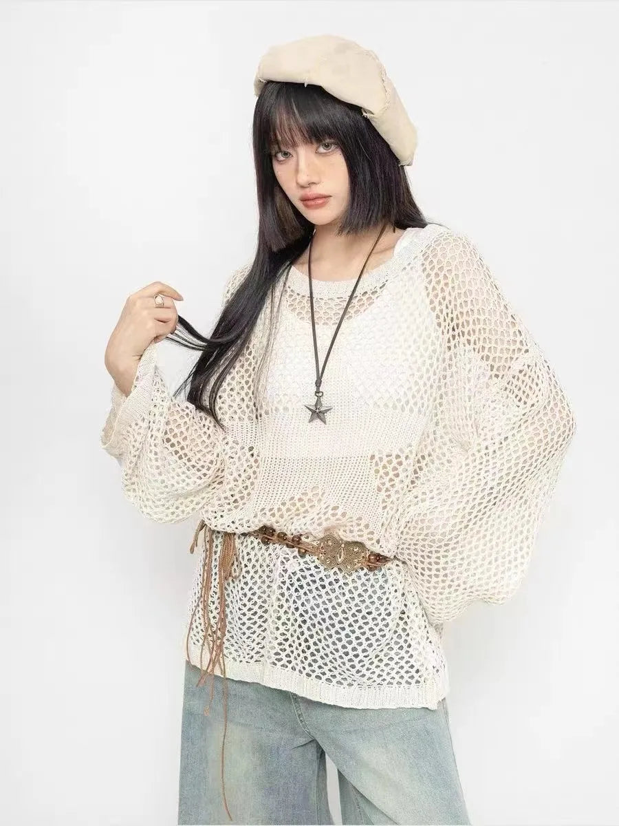 Long sleeve t-shirt with hollow mesh Knit-Along Sweater Guide - CasualFlowshop