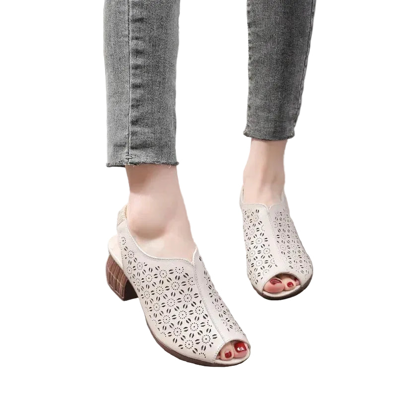 Women's beige leather mid heel fish mouth sandals - elegant summer sandals