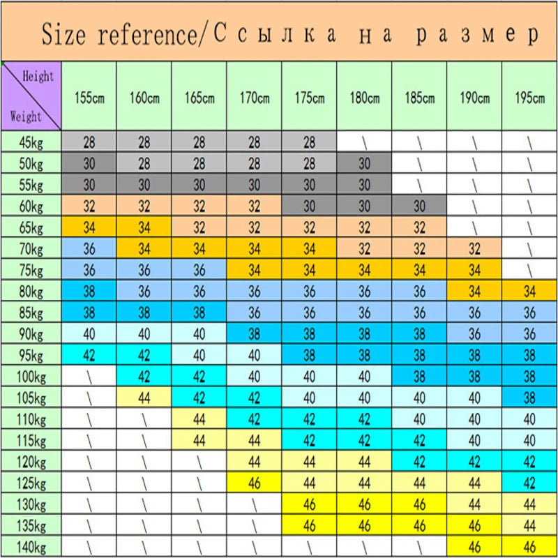 Size reference chart for clothing with height and weight measurements.