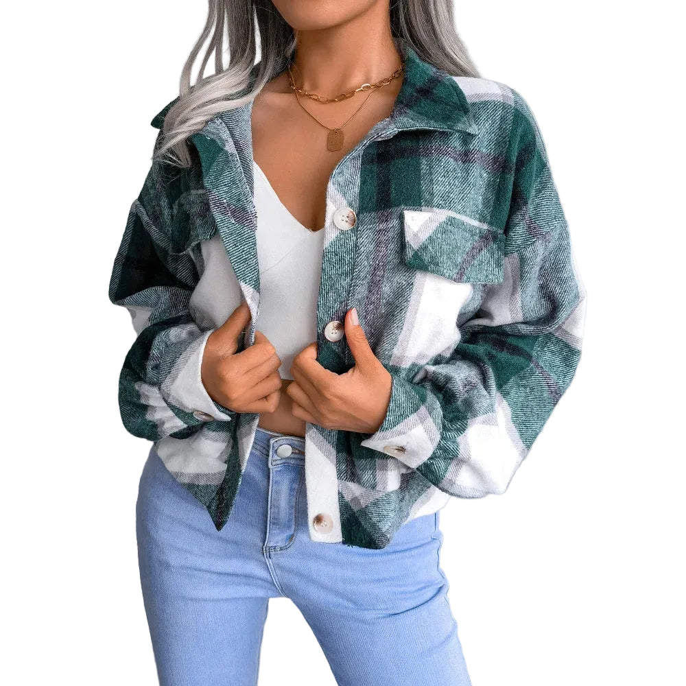Women's slim wool plaid coat in green tones, stylish winter jacket for casual outfits