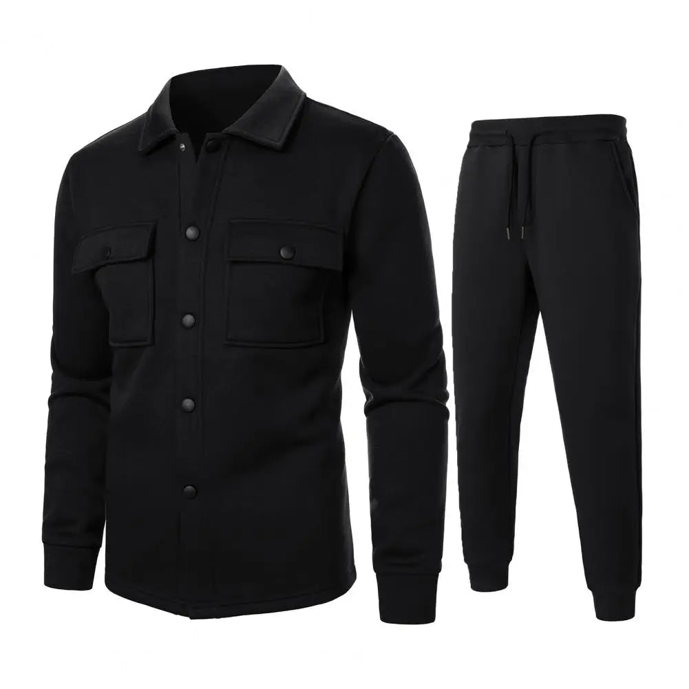 Men's 2-Piece Casual Sports Suit – Black Lapel Jacket & Drawstring Pants Set