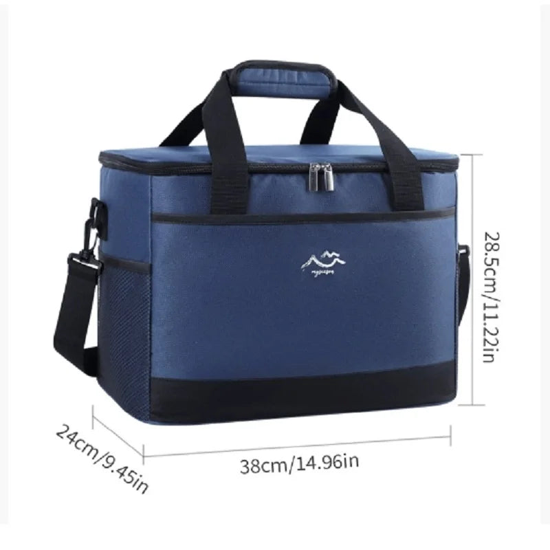Blue cooler bag with black accents and measurements on a white background