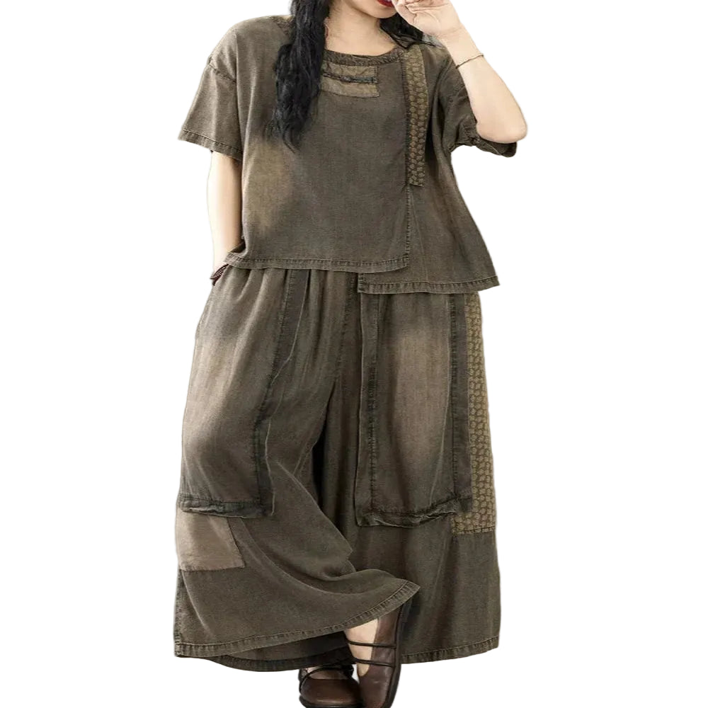 Vintage Two-Piece Set in Black – Relaxed O-Neck Top & Wide Leg Jeans for Women