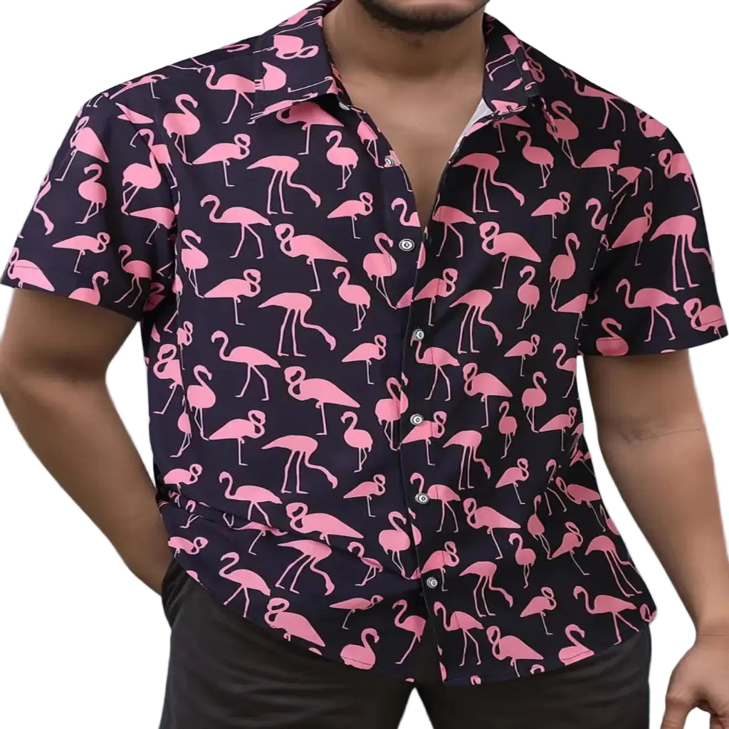Men’s flamingo print short sleeve button-up shirt, lightweight casual summer shirt