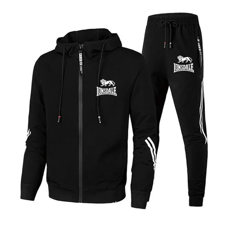 Black tracksuit with Lonsdale logo on a white background