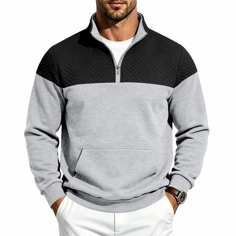 Men’s colorblock quilted-texture half-zip sweatshirt with stand collar and kangaroo pocket
