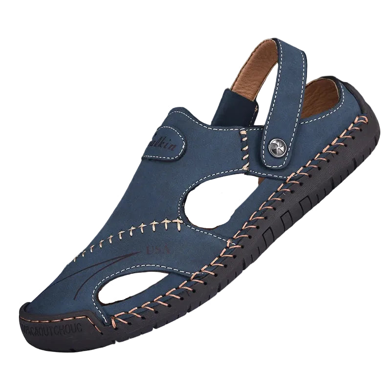 Men's breathable leather summer sandals in blue – antiskid beach outdoor shoes