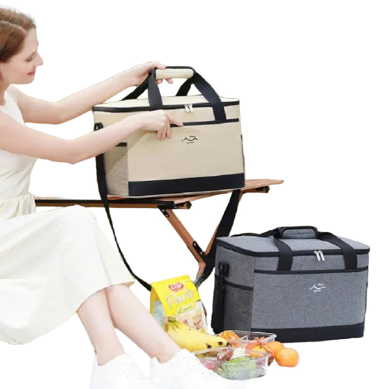 Beige large-capacity insulated crossbody lunch bag with adjustable strap, zipper closure, and side mesh pocket – 38x24x28.5cm