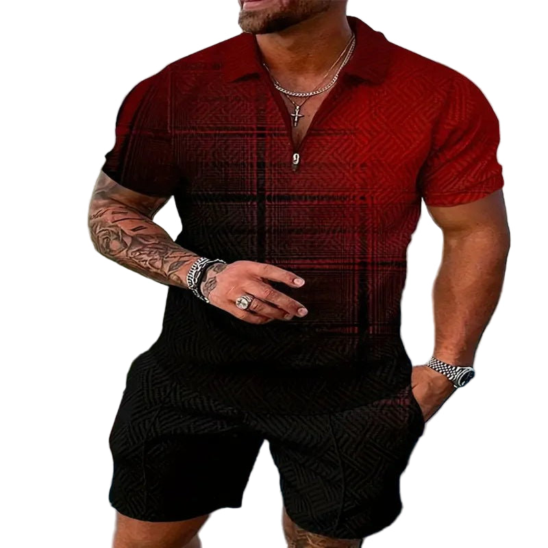 A man wearing a geometric patterned casual beach shorts set with a polo shirt and short-sleeves, standing near a pool.