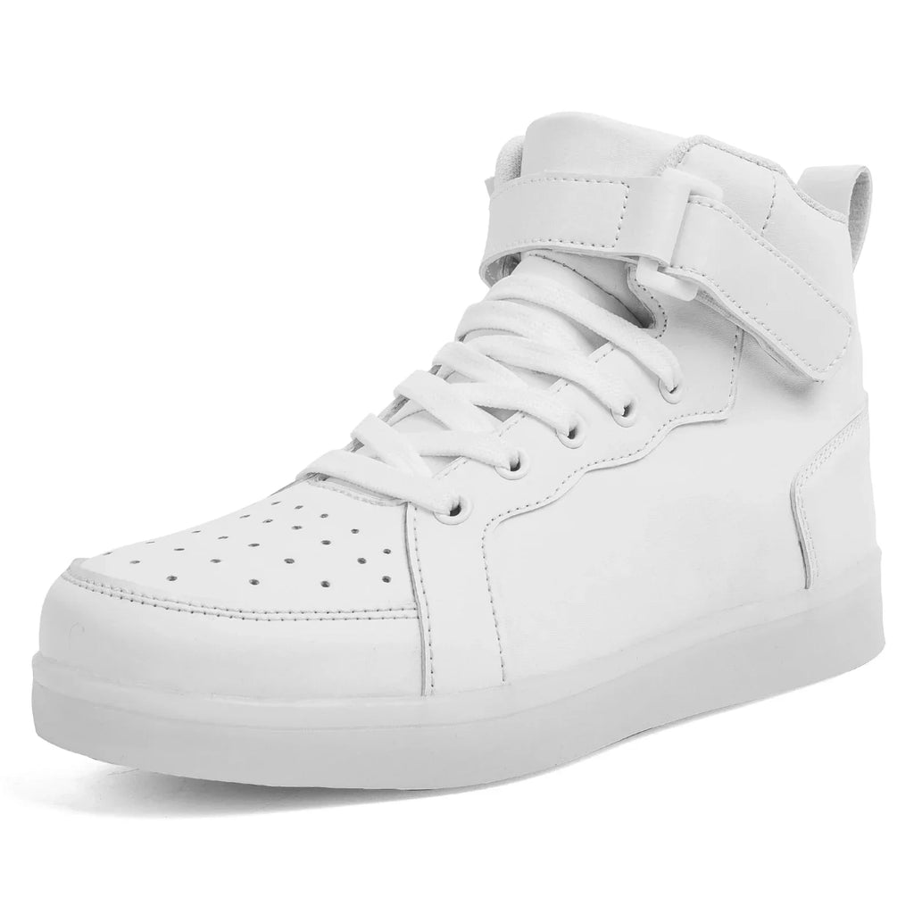 Kids’ LED high-top sneakers with light-up soles, laces, and an adjustable ankle strap.