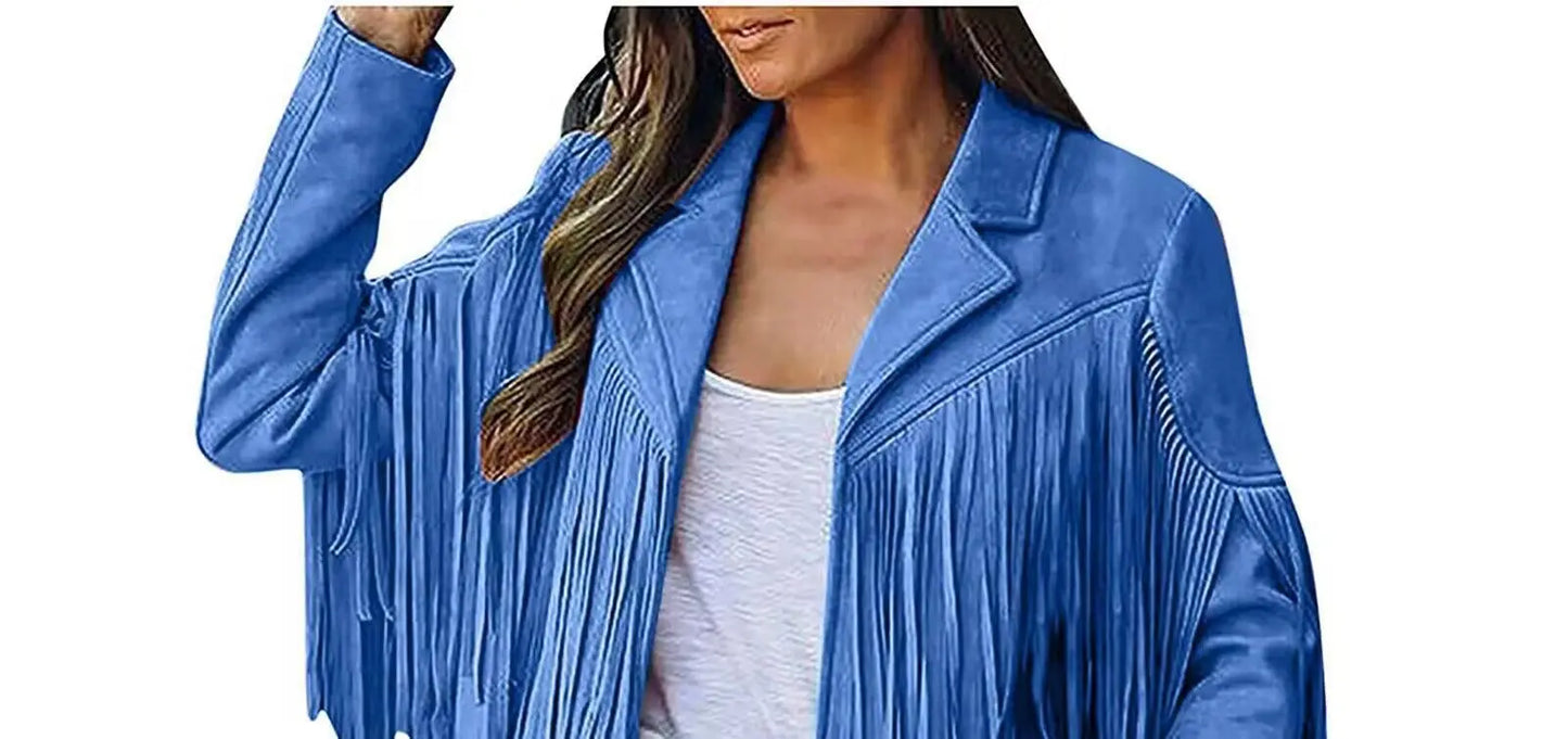Blue fringe jacket worn by a person on a white background