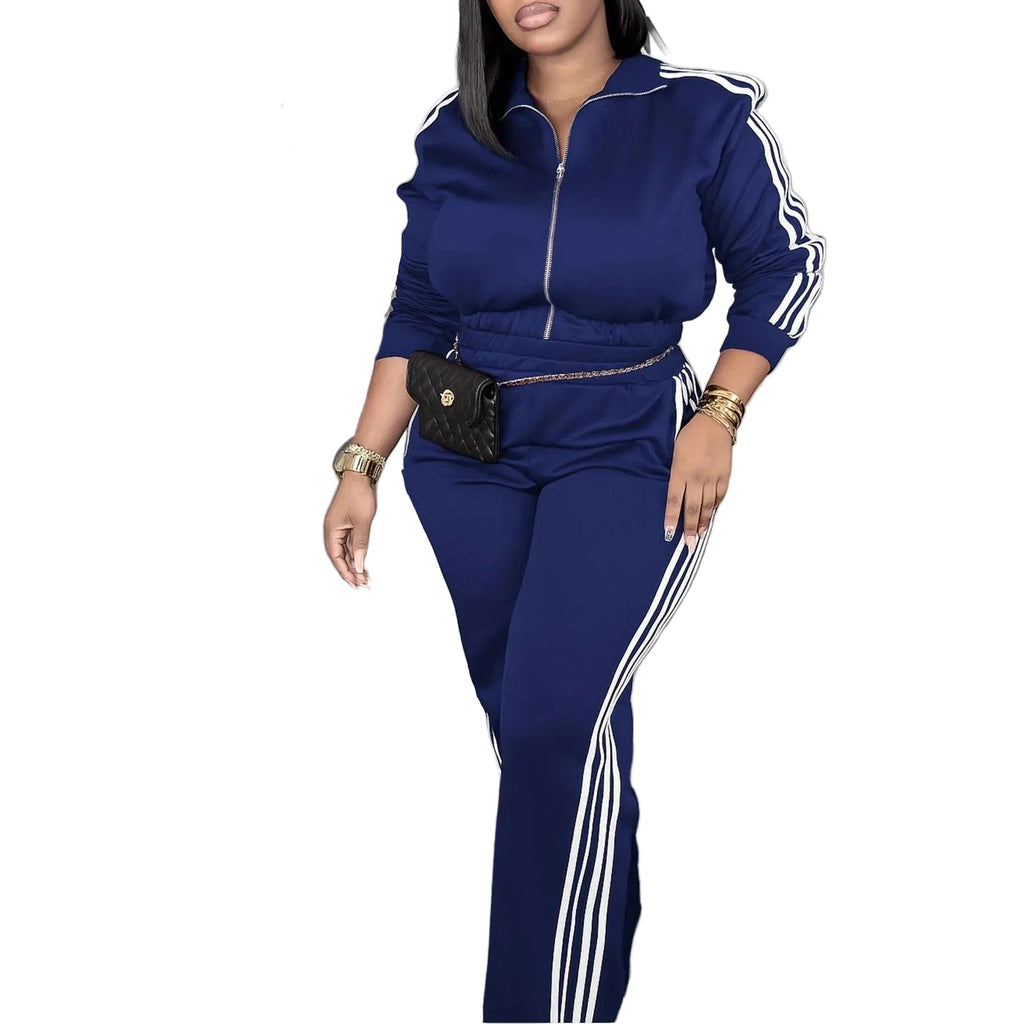 women zip-up tracksuit set navy blue casual party outfit