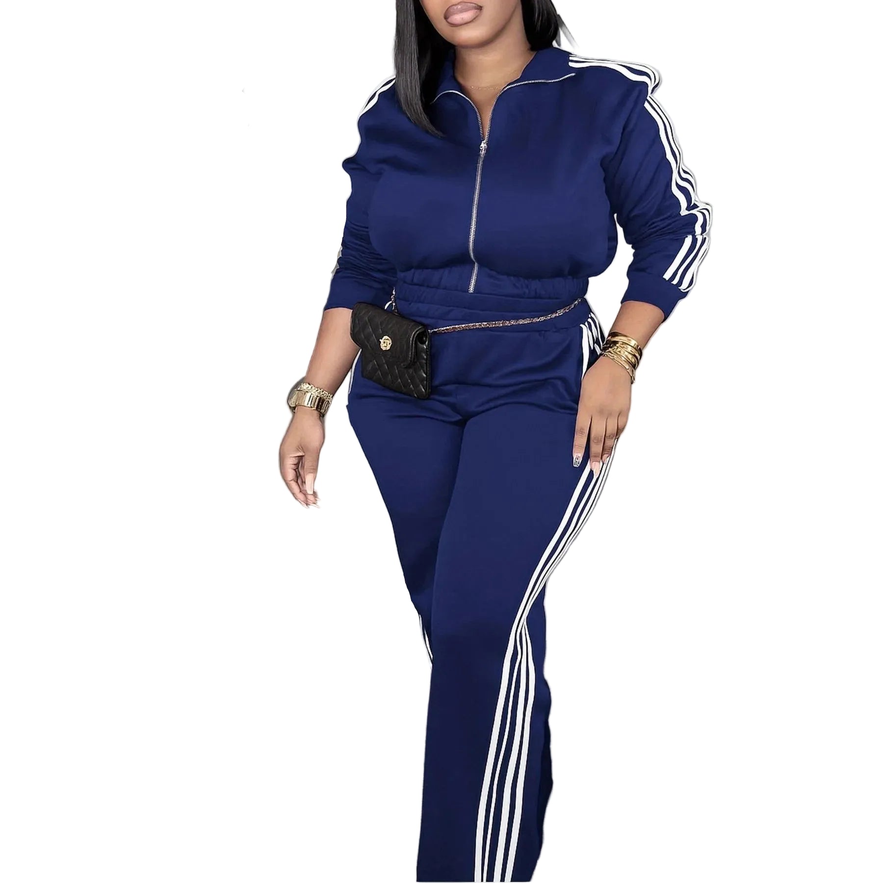 women zip-up tracksuit set navy blue casual party outfit