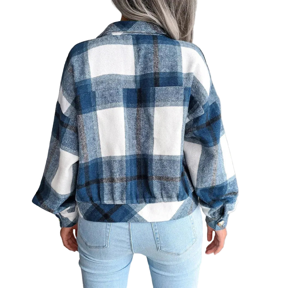 Women's Slim Wool Plaid Coat in a living room setting