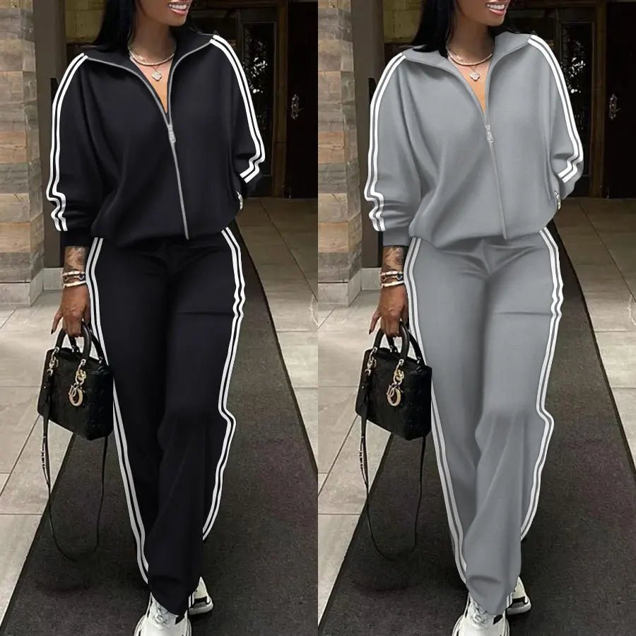 Two images of a person wearing black and gray tracksuits with white stripes, holding a small black handbag.