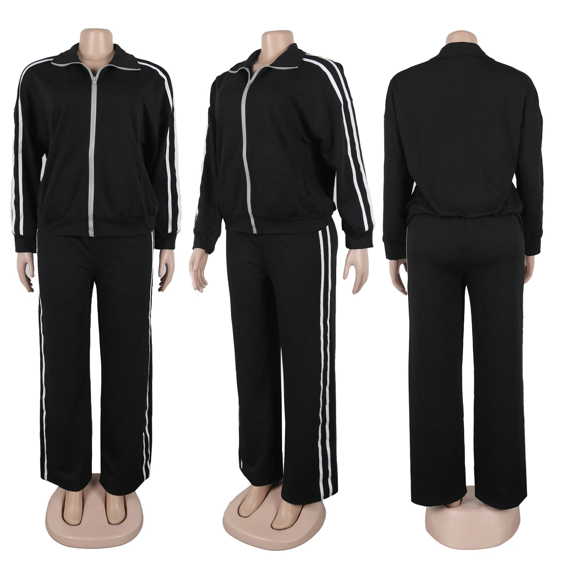 Black tracksuit with white stripes on a mannequin against a white background