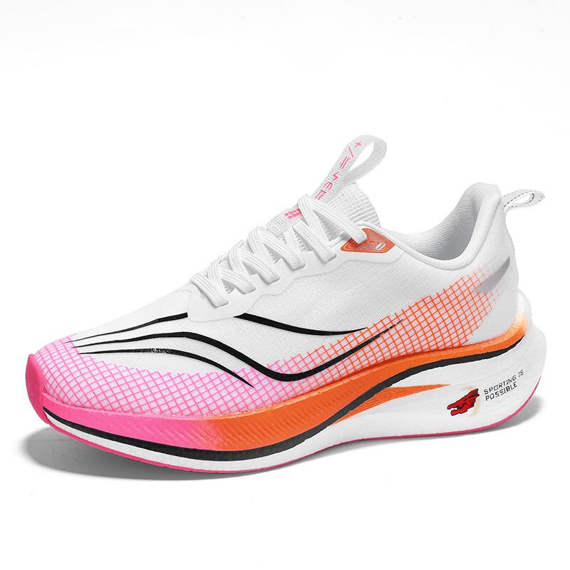 White running shoe with pink and orange accents on a white background