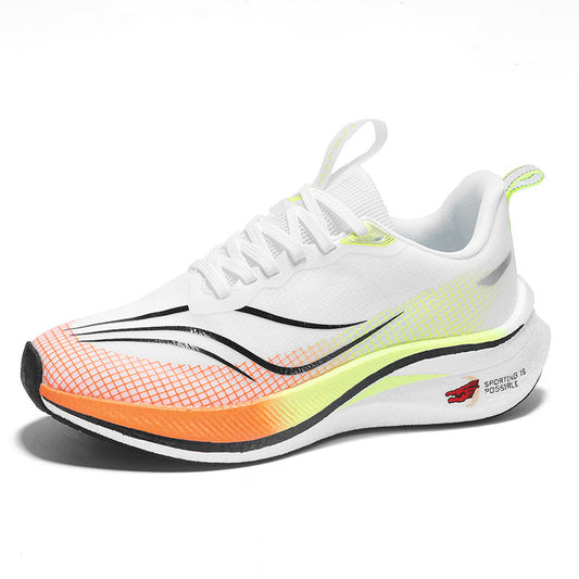 White running shoe with orange and green accents on a white background