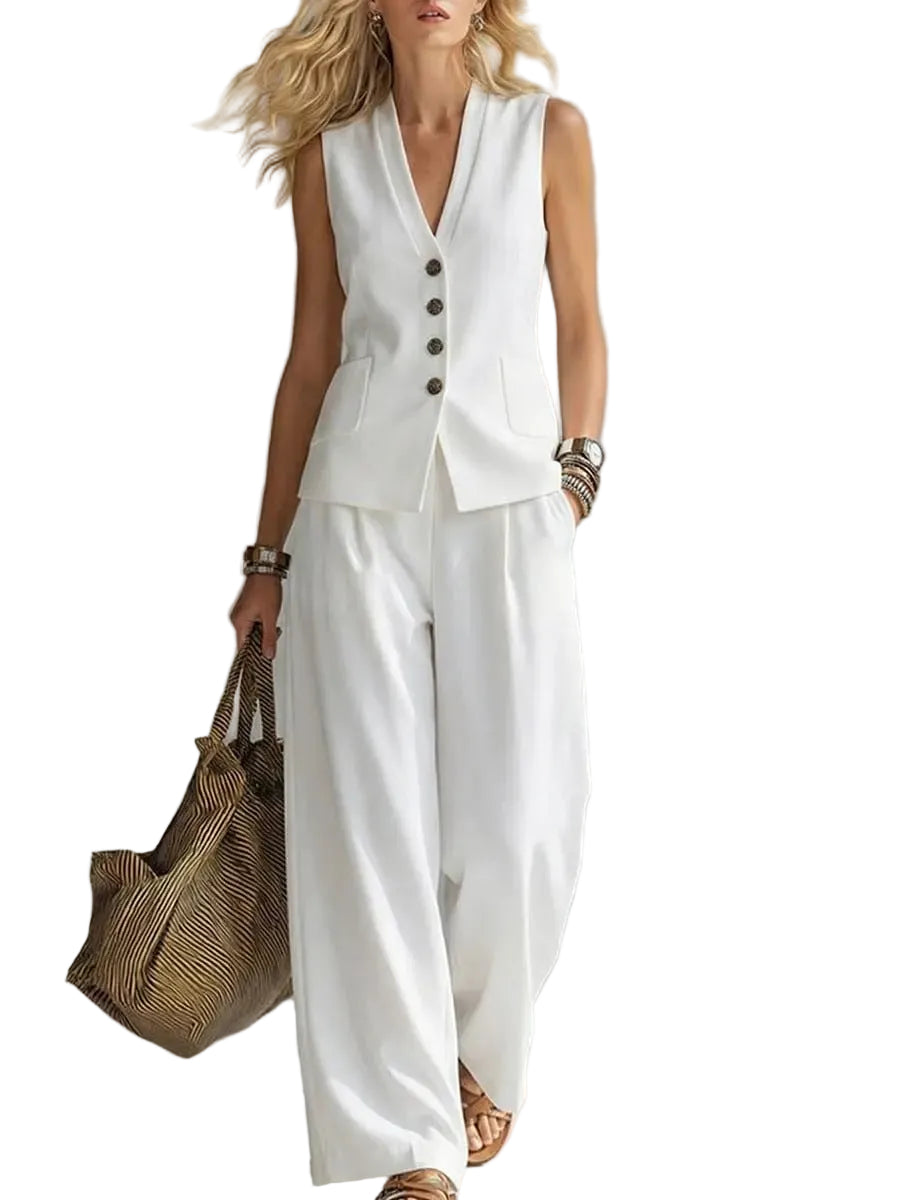 V-Neck Vest and Loose Trousers Set  For Woman  - At Casual Flow Shop